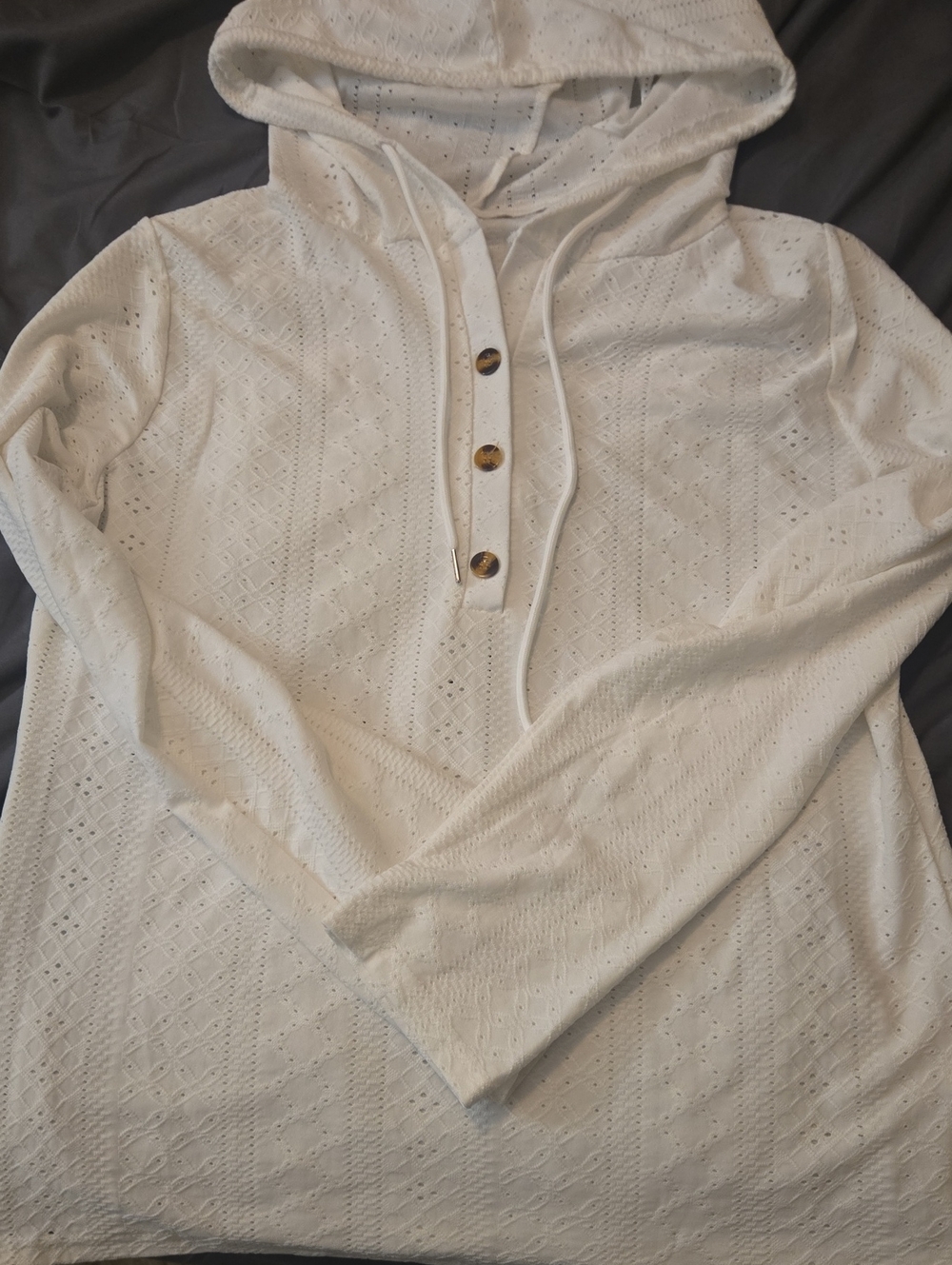 Large White Hooded Pointelle Knit Women's Sweater with Buttons - No Brand